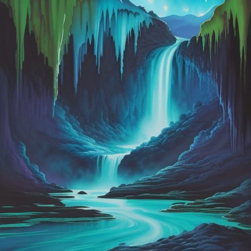 Bioluminescent Cave Waterfall in Impressionist Gouache Style