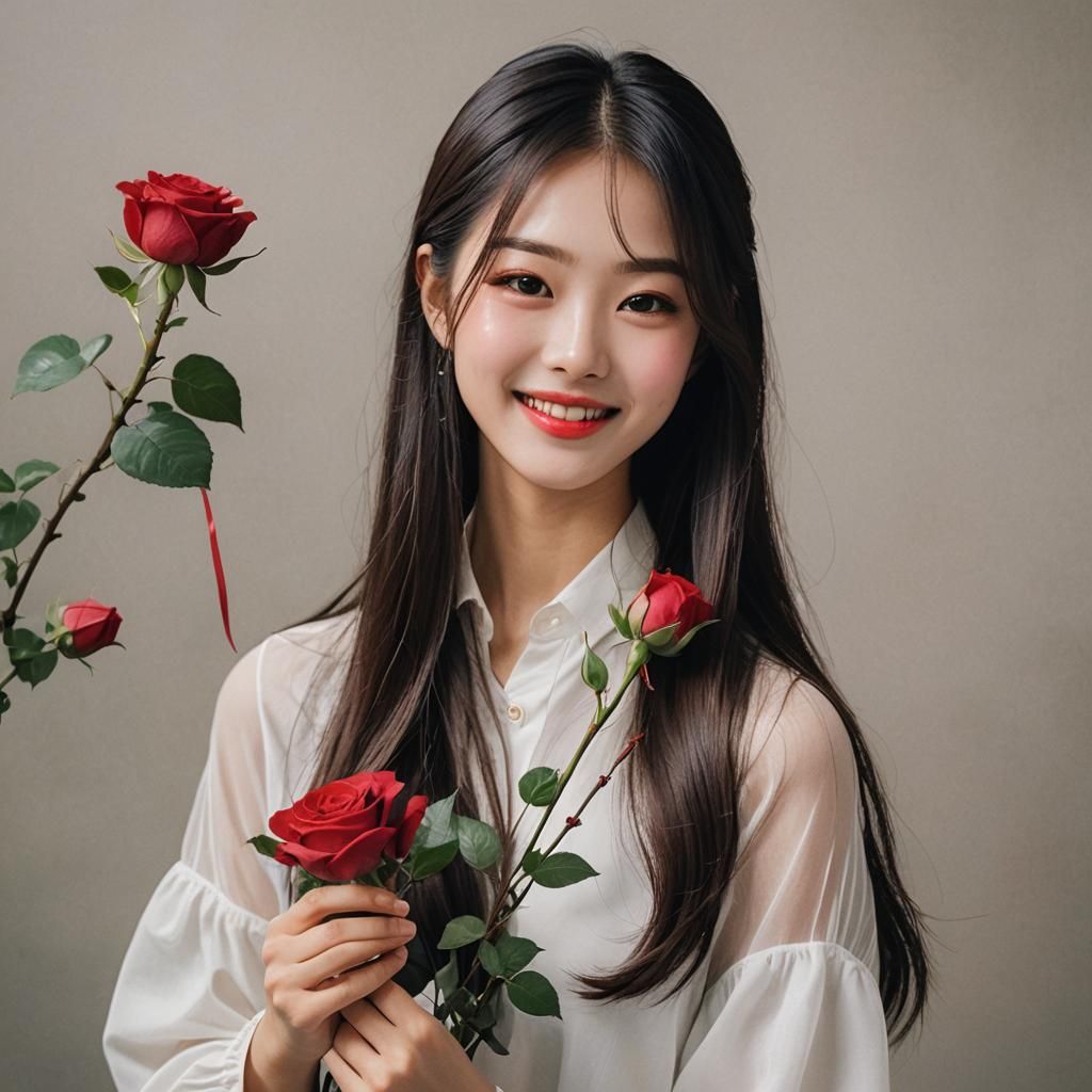 Japanese Girl Holding Red Rose, Digital Art