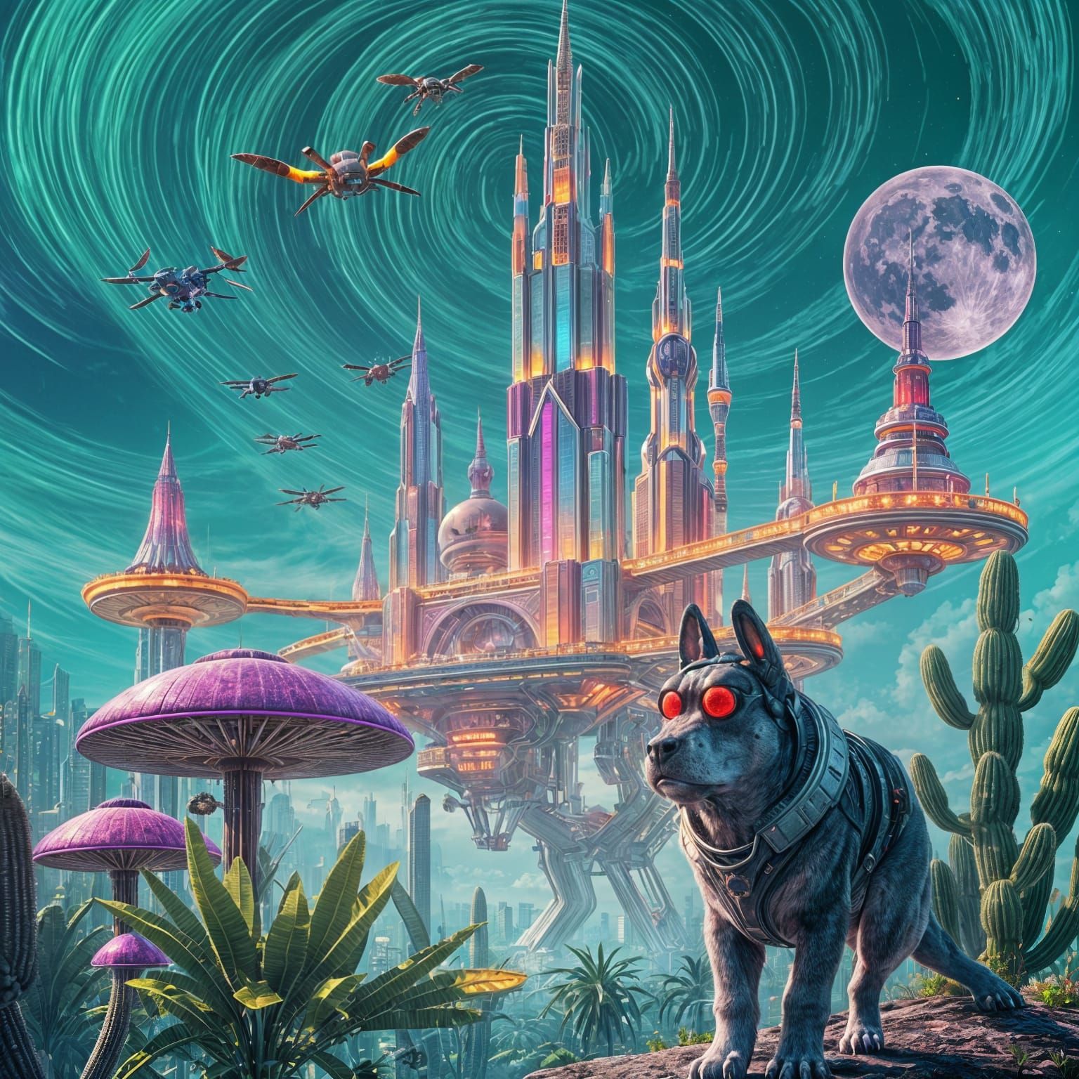 Futuristic Cityscape in a Dreamlike Green Sunlit Sky