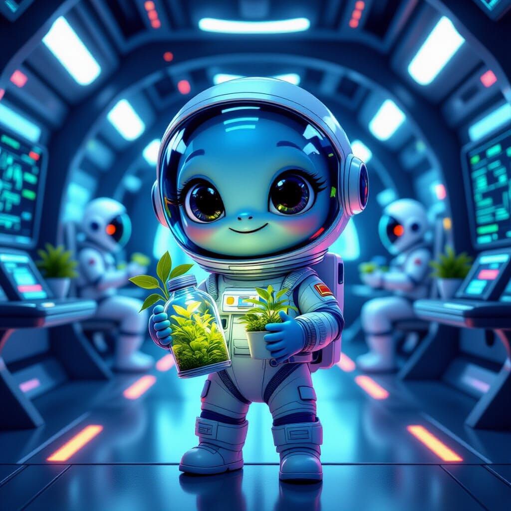 Cute Alien Astronaut with Plants in Futuristic Spaceship