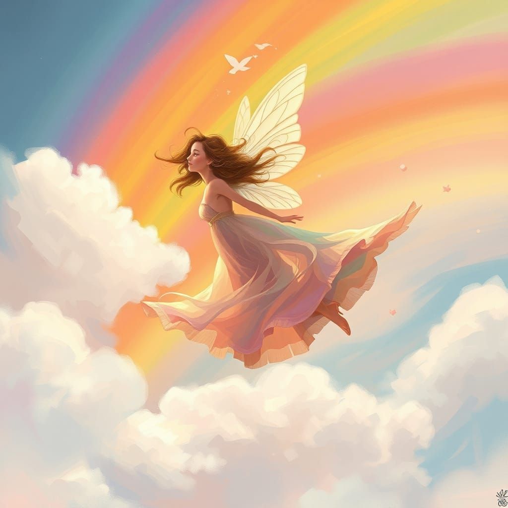 Fairy Soaring Through Rainbow Sky as Dreamy Art