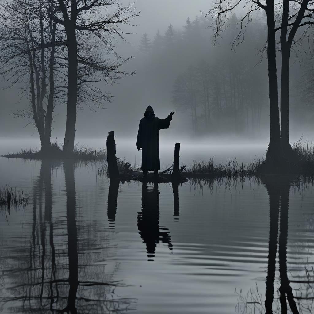 Ominous Ferryman Beckons from Black Lake
