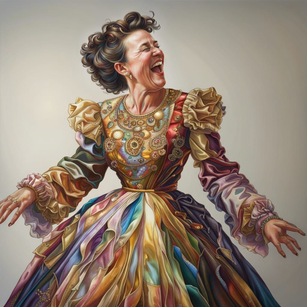 Laughing Woman in Iridescent Silk Gown