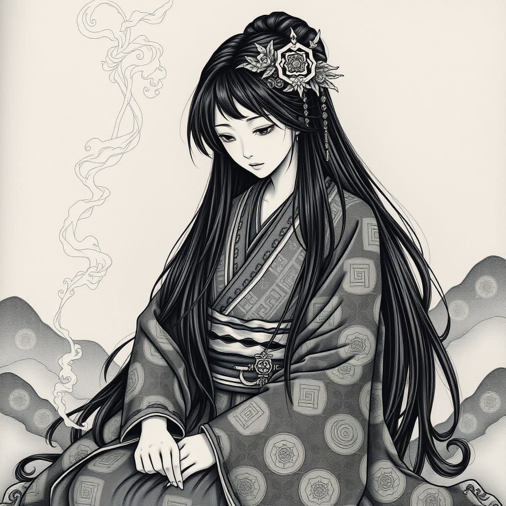 Shaman Queen Himiko in Ancient Japanese Charcoal Art