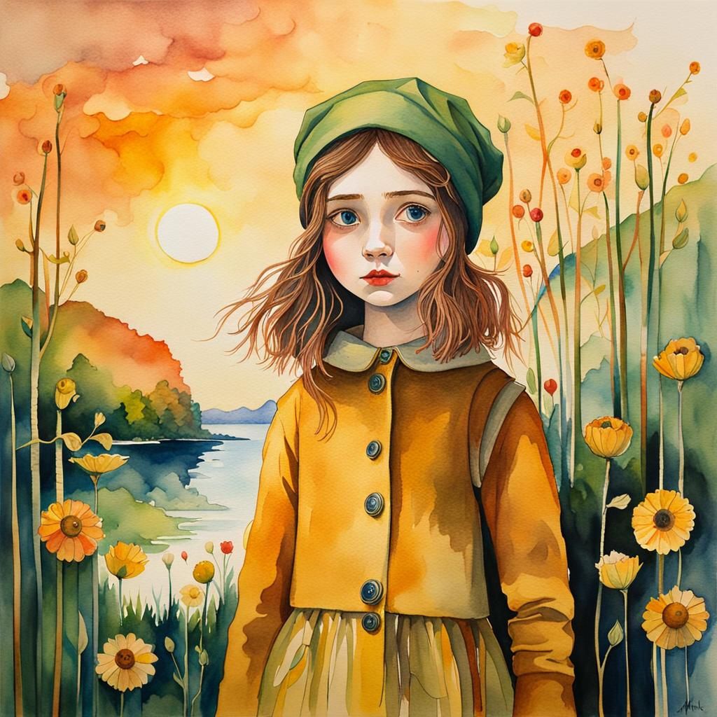 Coraline Portrait in Watercolor Golden Hour