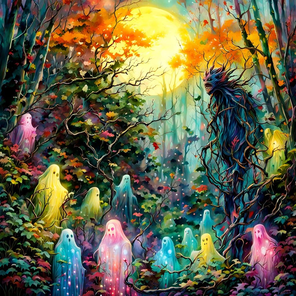 Enchanted Forest of Holographic Ghosts in Japanese Art