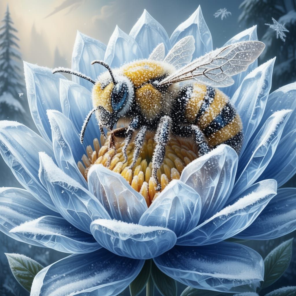 Clockwork Bees in Icy Jungle, Oil on Canvas