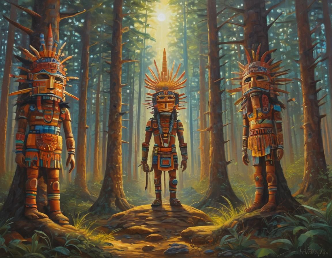 Mystical Alien-Kachinas in Dreamlike Forest Oil Painting