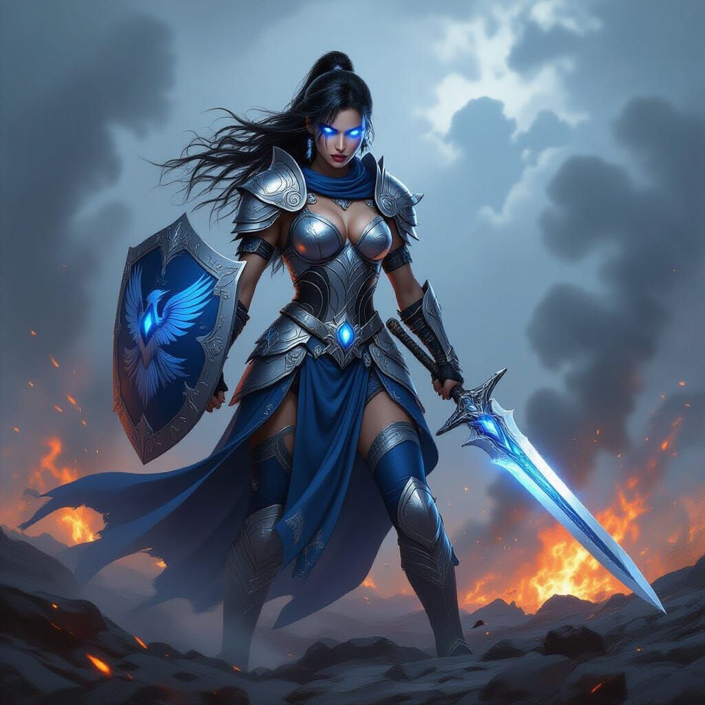 Warrior Woman on Battlefield with Raven Shield