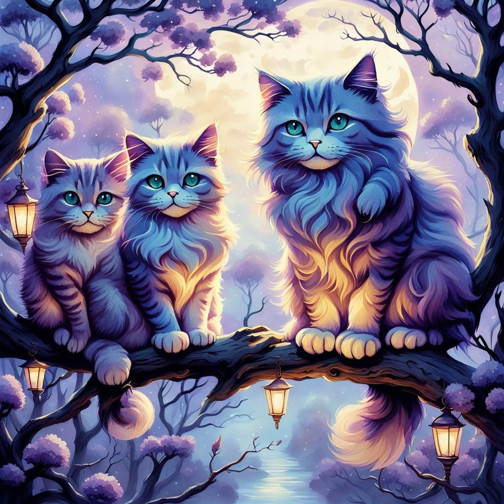 Pastel Anime Cats on Branch in Ethereal Moonlight