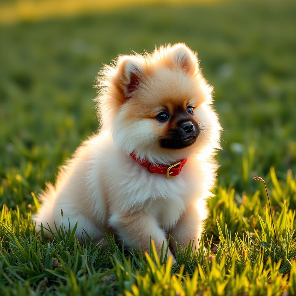 Realistic Fluffy Pomeranian Puppy in Golden Light