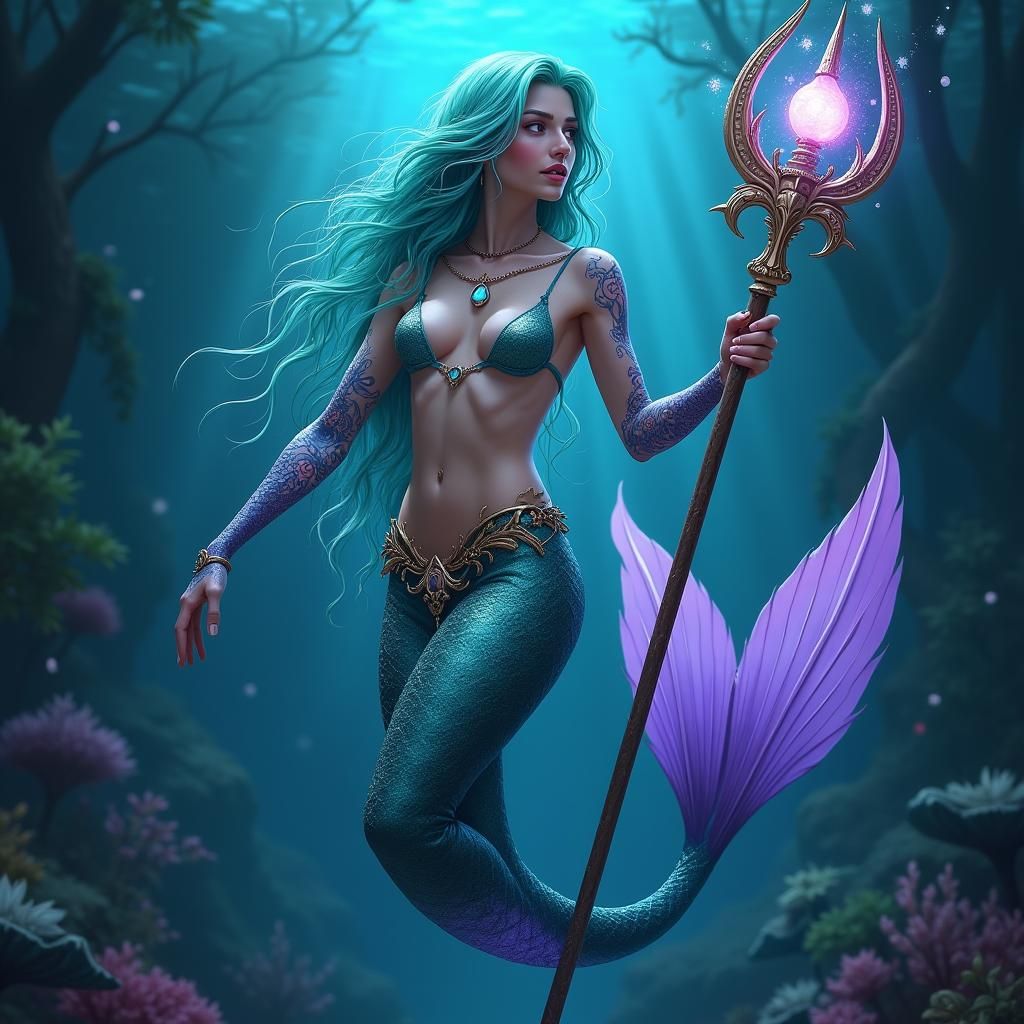 Turquoise Mermaid with Pearl Staff in Fantasy Realm