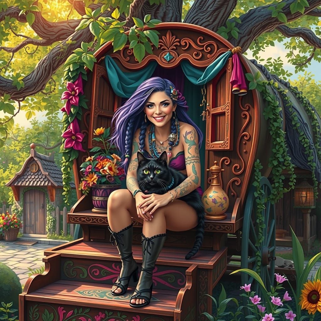 Vibrant Bohemian Goddess with Purple Blue Hair and Sun-Kisse...