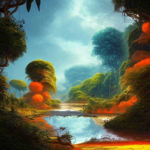 Jungle Village by River Under Colorful Sky