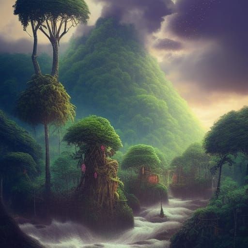 Jungle Village with River in Fantasy Concept Art
