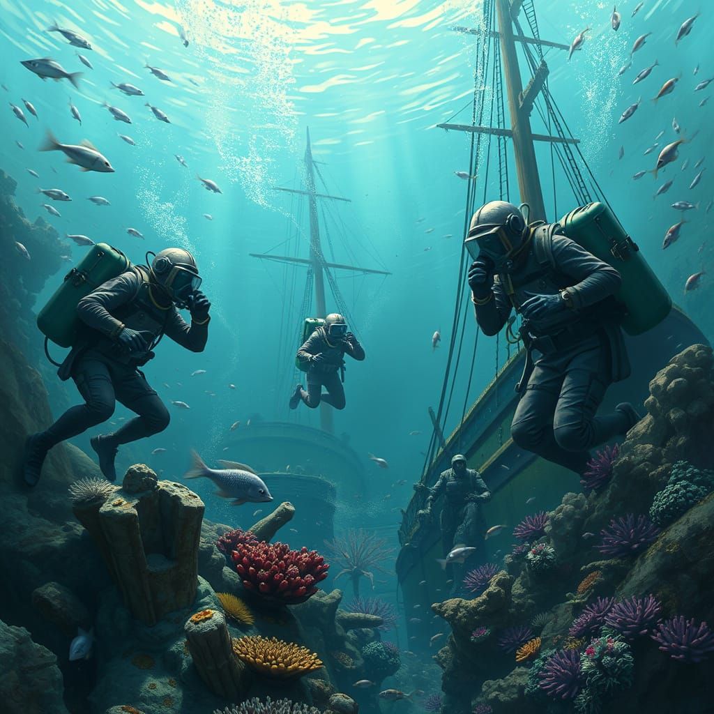 Divers Explore Sunken Ship in Atmospheric Digital Art