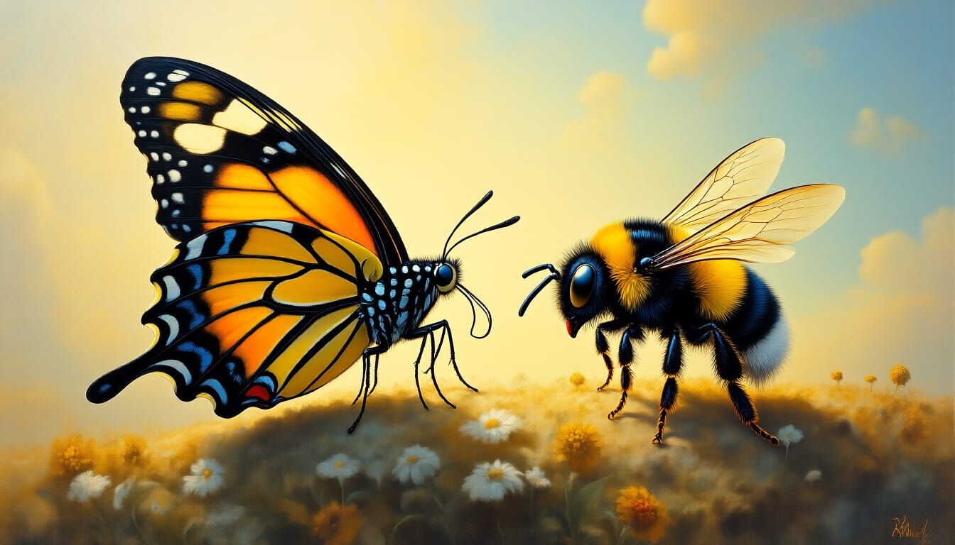 Confused Butterfly and Bumble Bee: Surreal Mixed Media