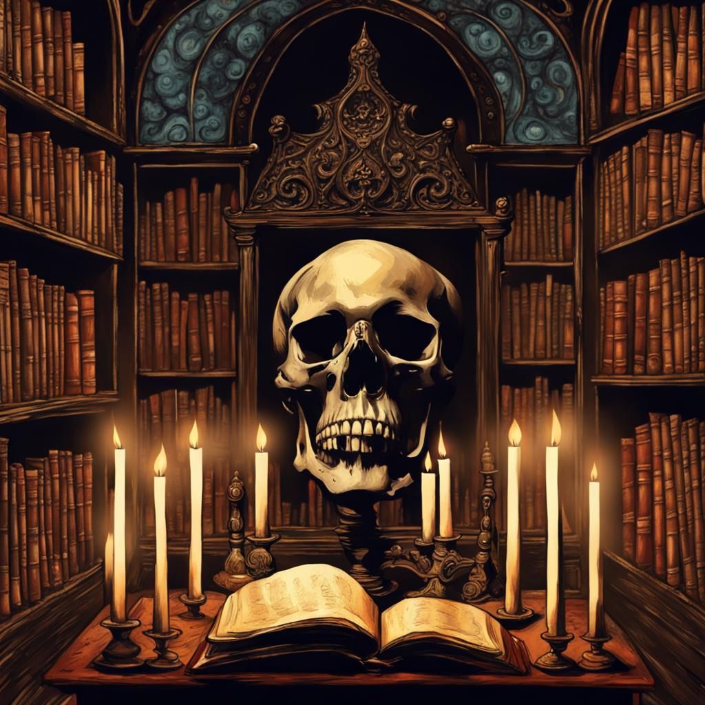 Haunted Castle Library with Grimoire in Abstract Art