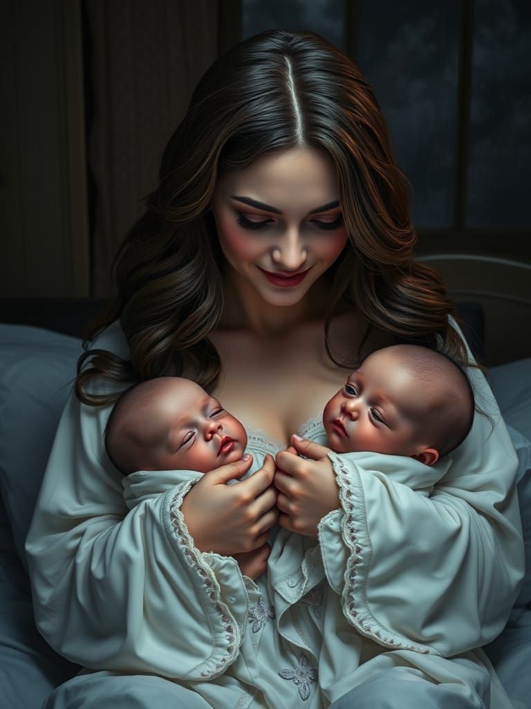 Medieval Queen Smiles Down at Twin Babies in Bed