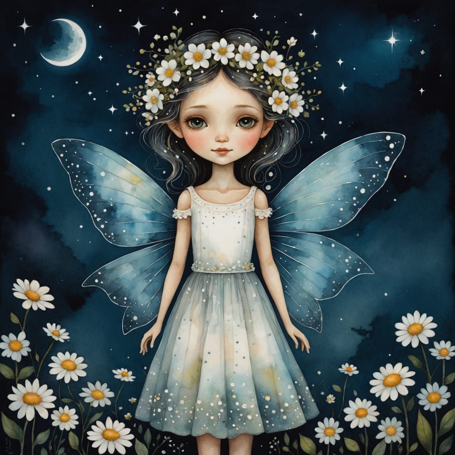 Smiling Fairy Portrait with White Flowers in Watercolor