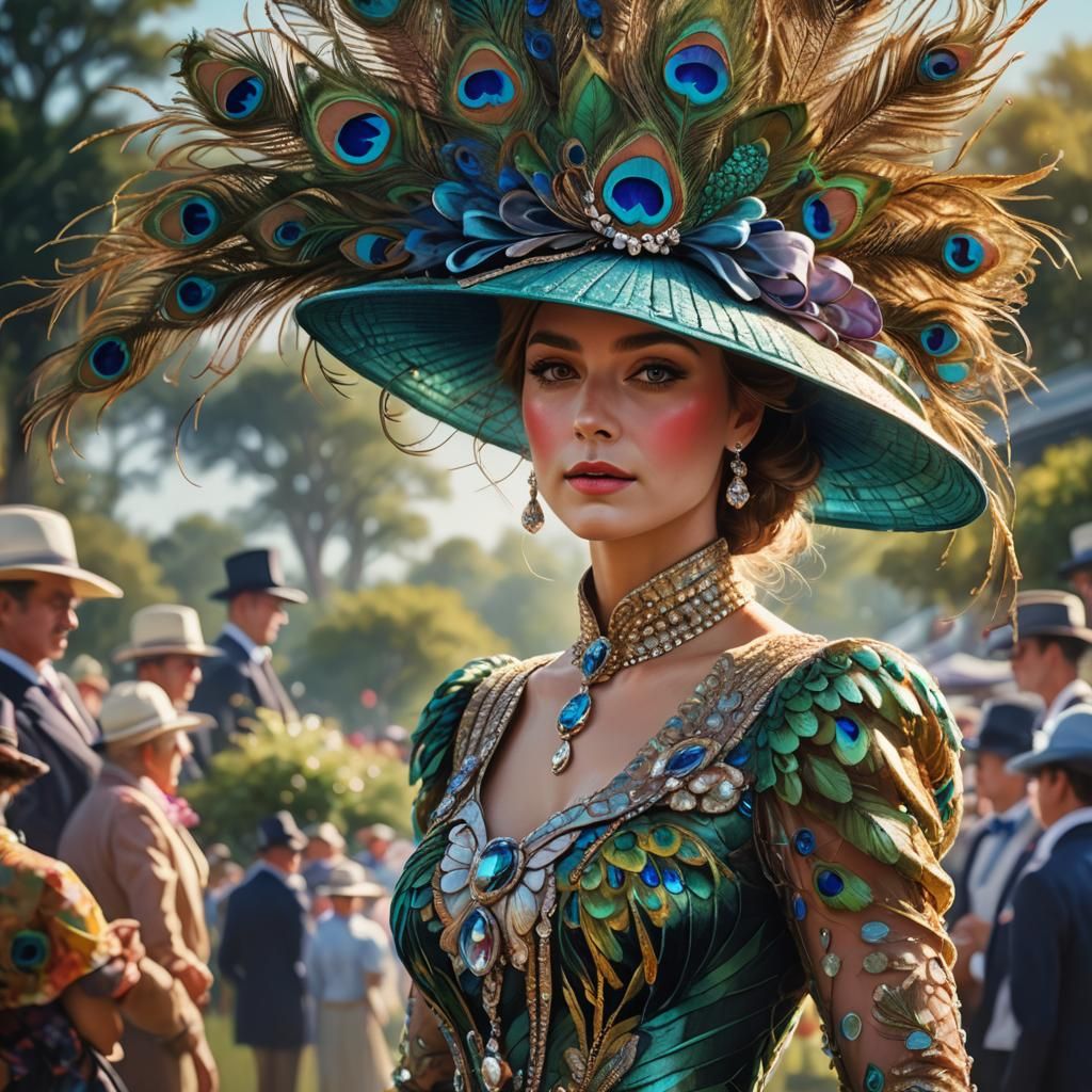 Woman in Peacock Hat at Ascot: Digital Art