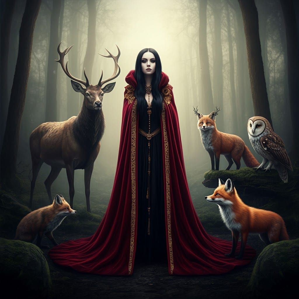 Mystical Witch Emerges from Forest in Crimson Velvet Cloak