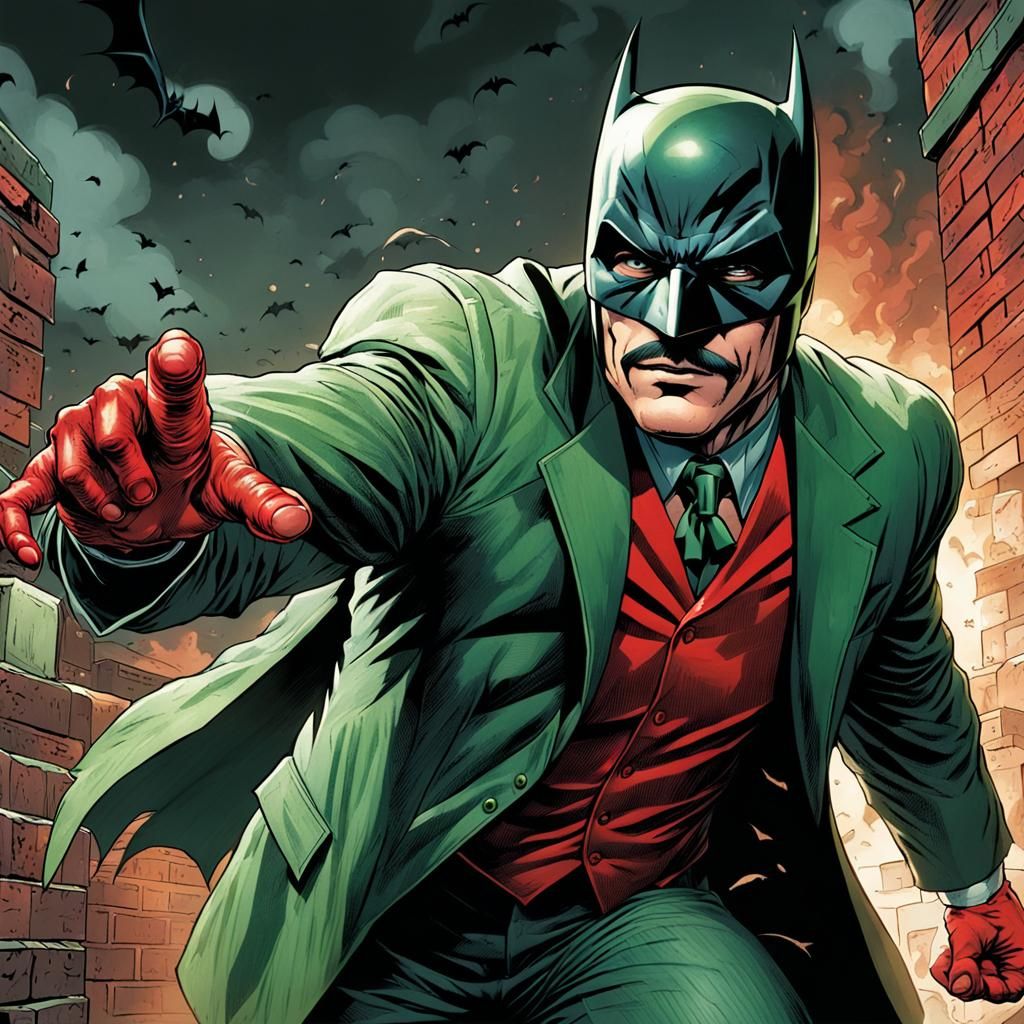 Comic Book Art: Masked Man in Green Suit Throwing Brick