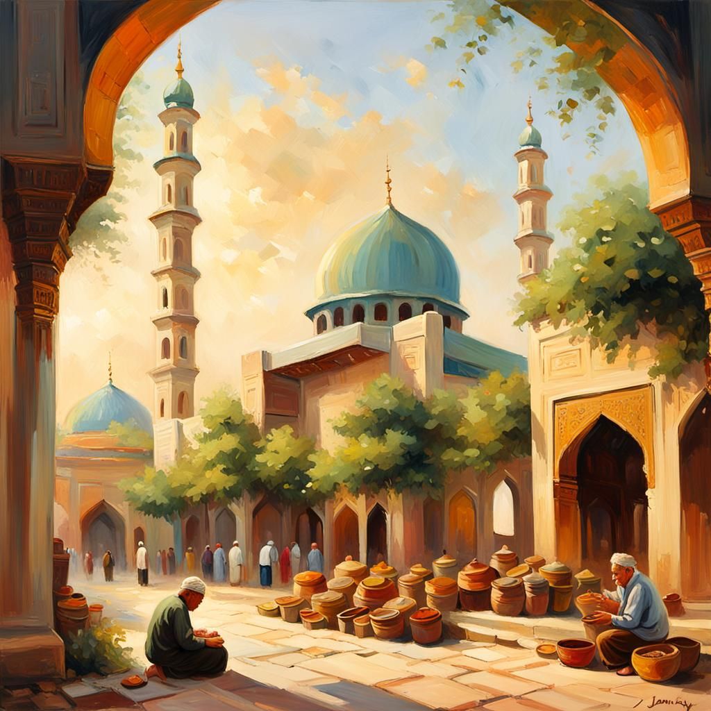 Impressionist Painting of Man Praying at Mosque