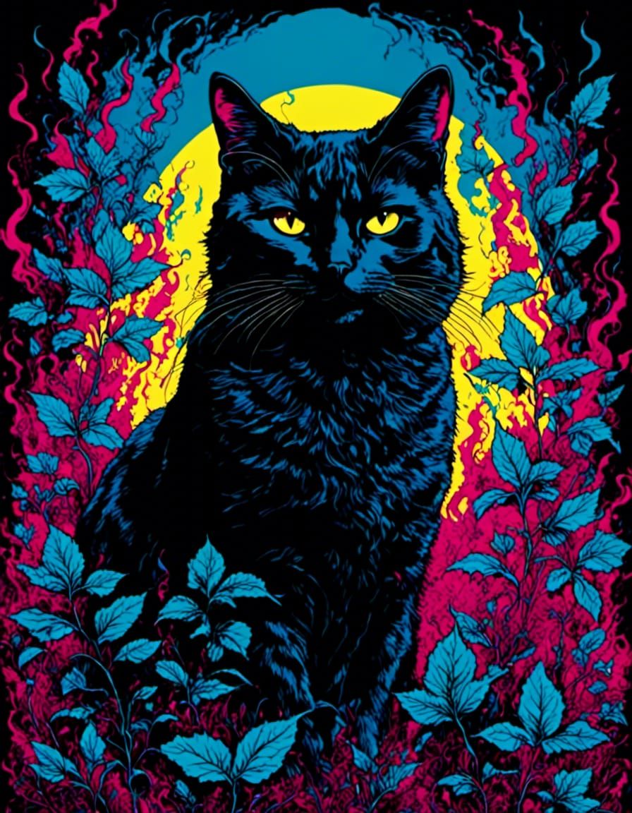 Psychedelic Neon Cat Illustration with Vibrant Colors