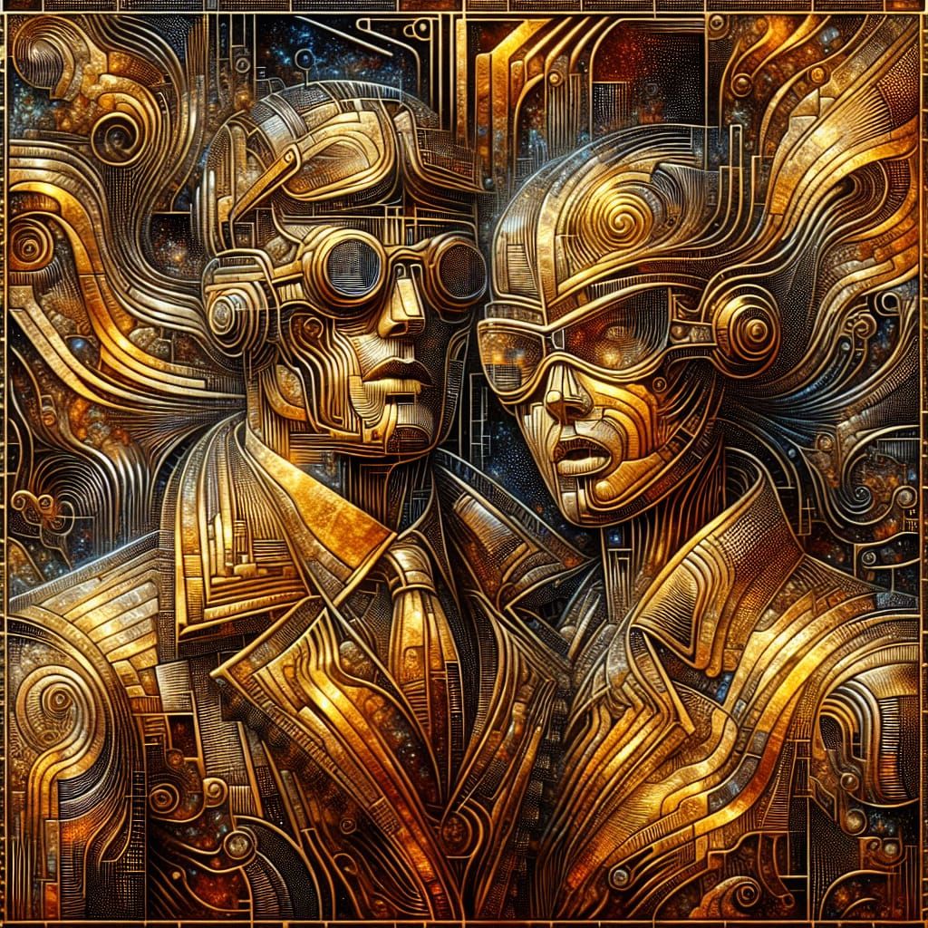 Retrofuturistic Figures in Art Deco Cosmic Glitch