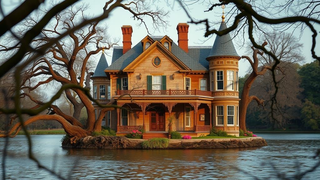 Victorian Mansion on Island in Central Park