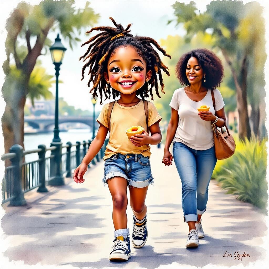 Girl with Braids on Riverwalk, in Watercolor Style