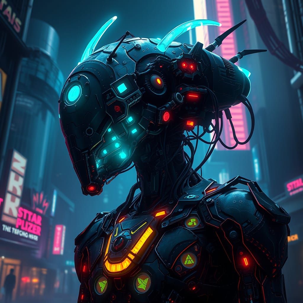 Cybernetic Creature Unveiled in Neon-Lit Metropolis