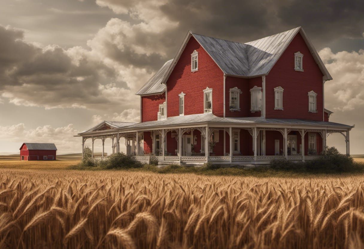 Hyperrealistic Farmhouse and Barn in Wheat Fields
