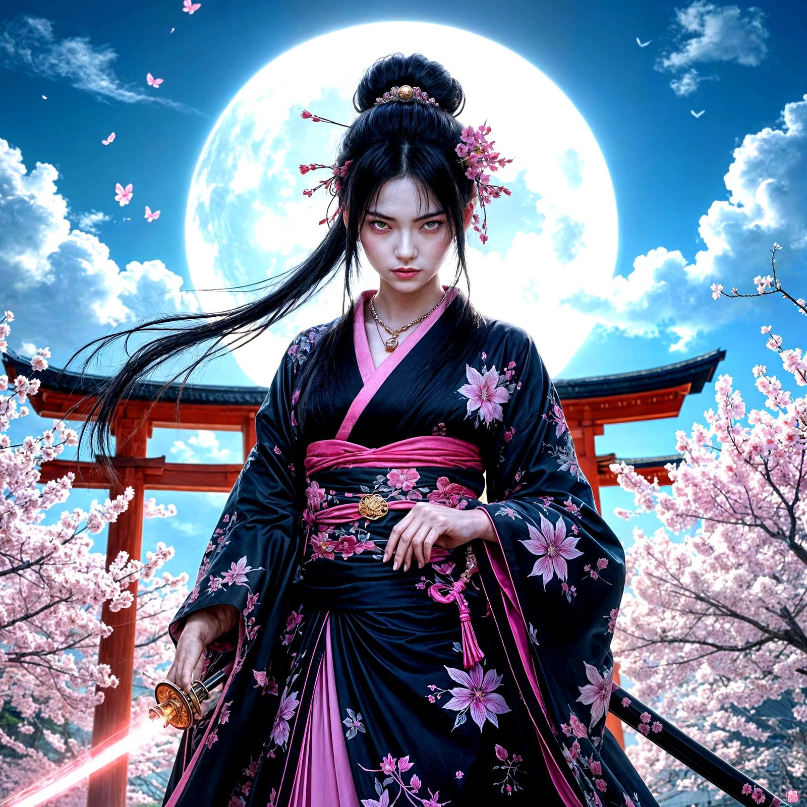 Japanese Demoness with Katana in Hyper-Realistic Moonlight