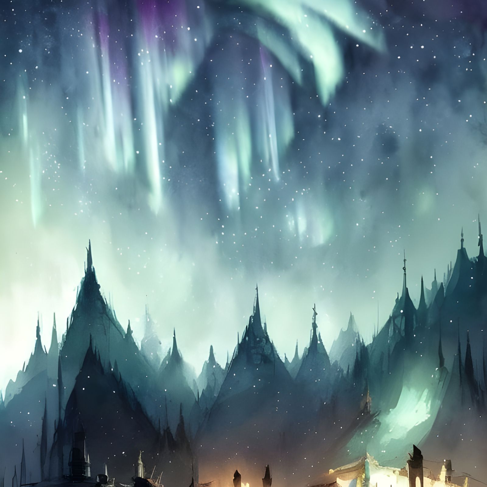 Aurora Borealis Over Village in Watercolor Calligraphy