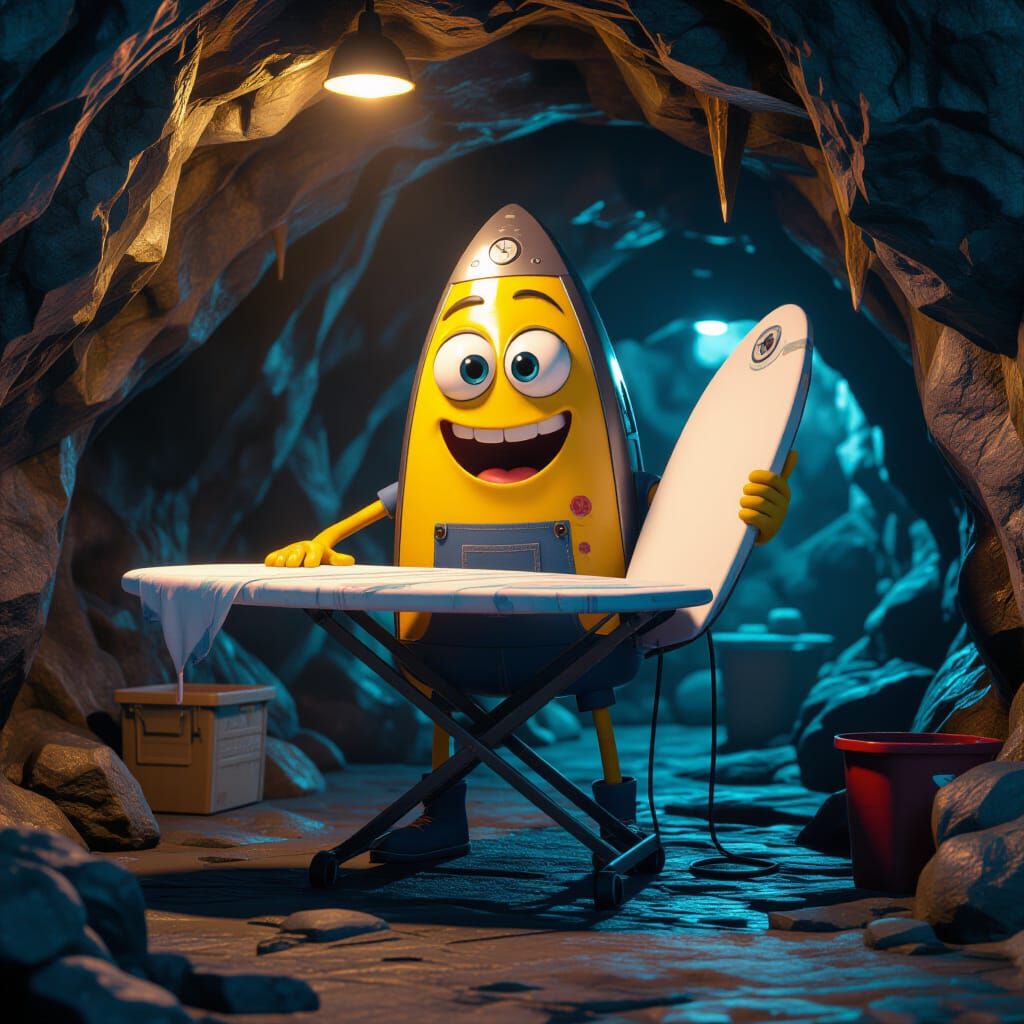 Melting Ironing Machine in Cave, Cartoon Style