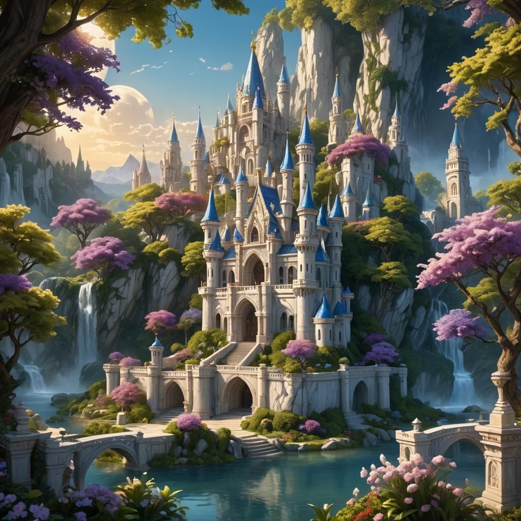 Mystical White Marble Castle in Fantasy Landscape