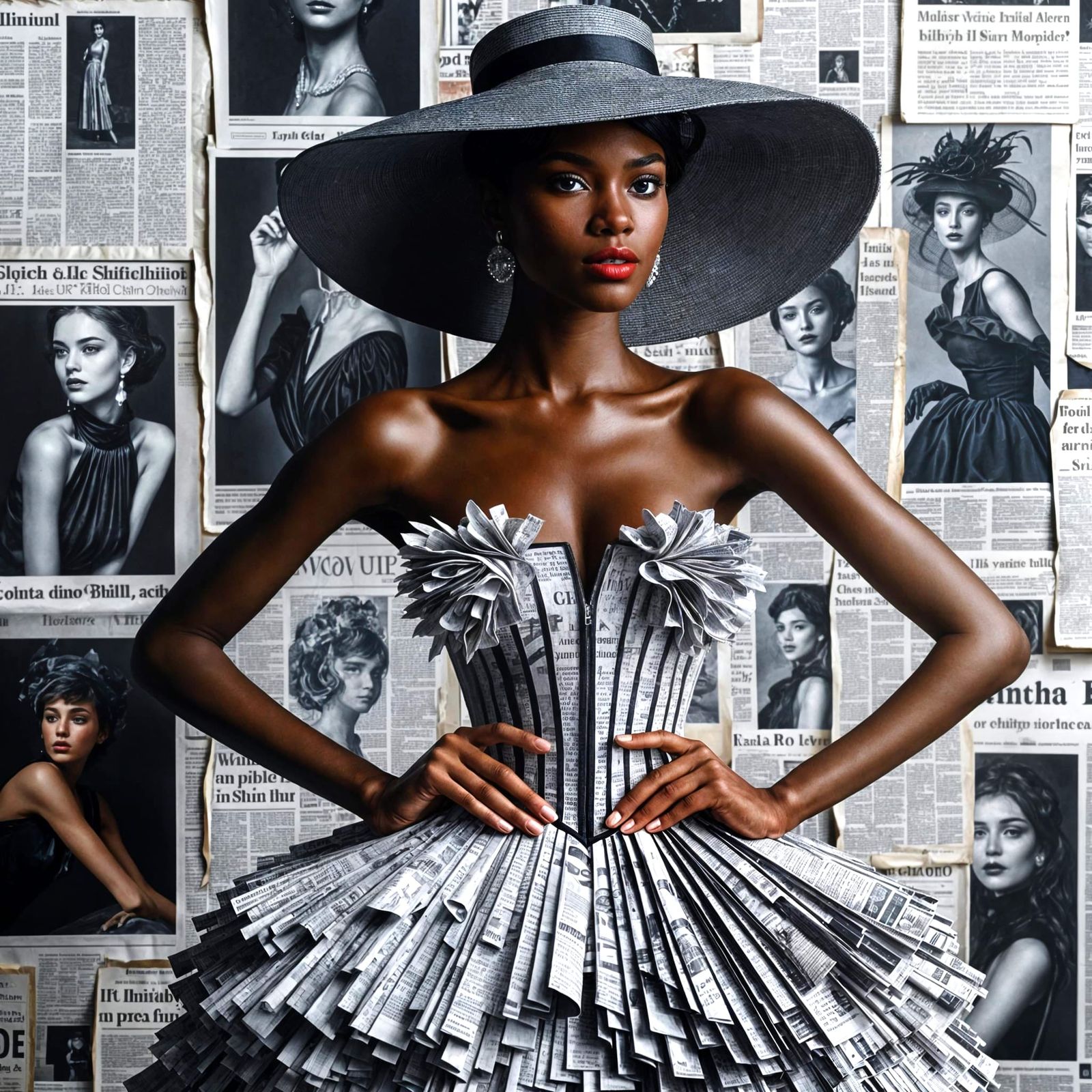 Elegant Model Stands Proud in Newspaper Dress in Monochromat...