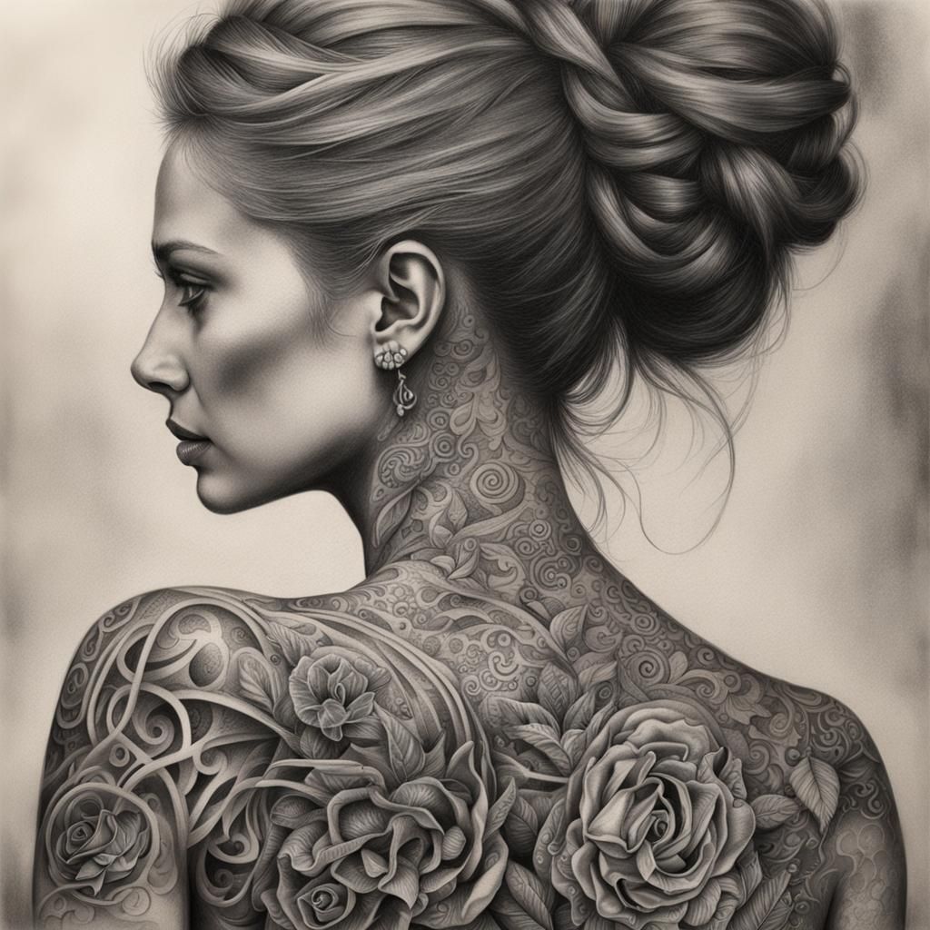 Hyperdetailed Charcoal Drawing of Body Tattoos