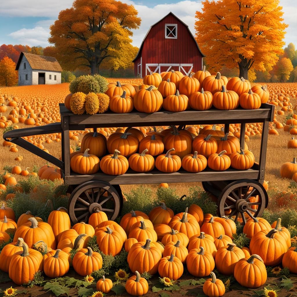 Autumn Harvest Scene with Pumpkins and Sunflowers
