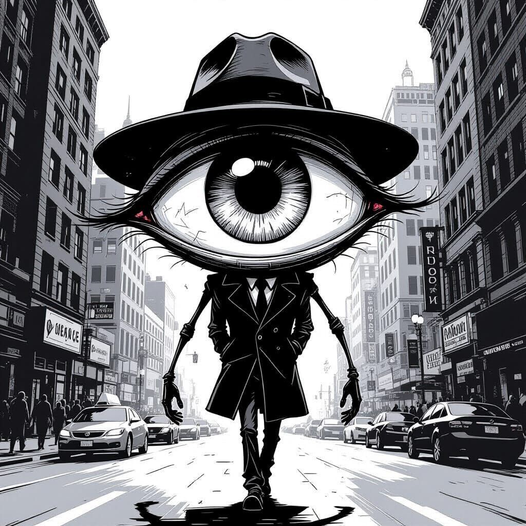 Eye Creature Walks City Street in Black and White Style