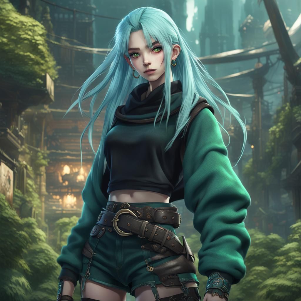 Anime Girl with Blue Hair in Detailed Matte Painting