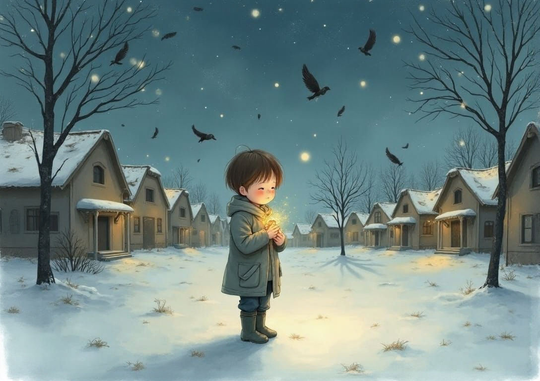 Dreamy Boy in Snowy Village, Watercolor Style