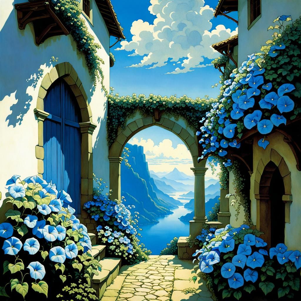 Medieval Landscape with Blue and White Morning Glories