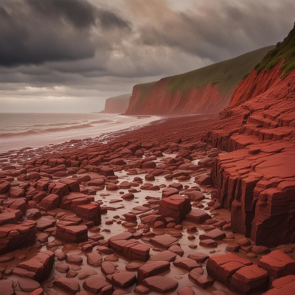 Red Cliffs of Budleigh Salterton at Low Tide