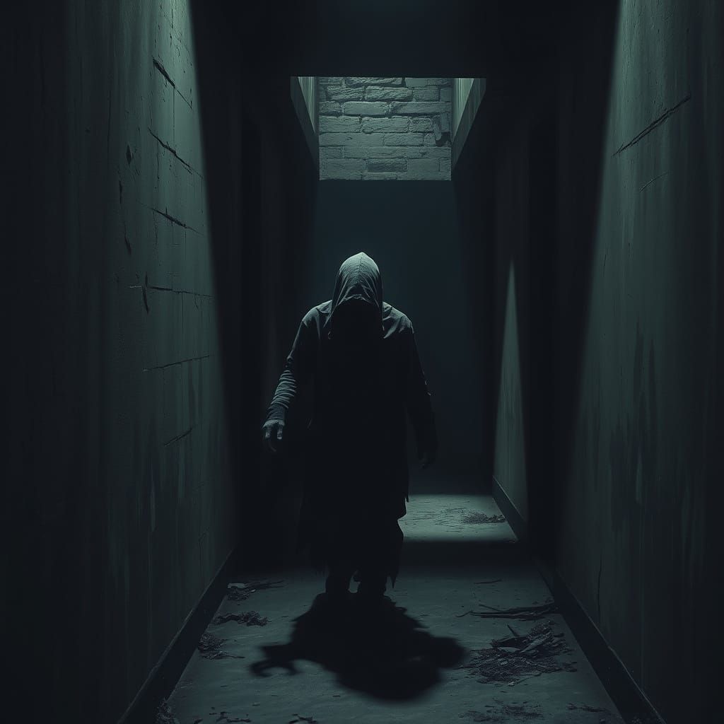Ominous Figure Creeping in Abandoned Corridor