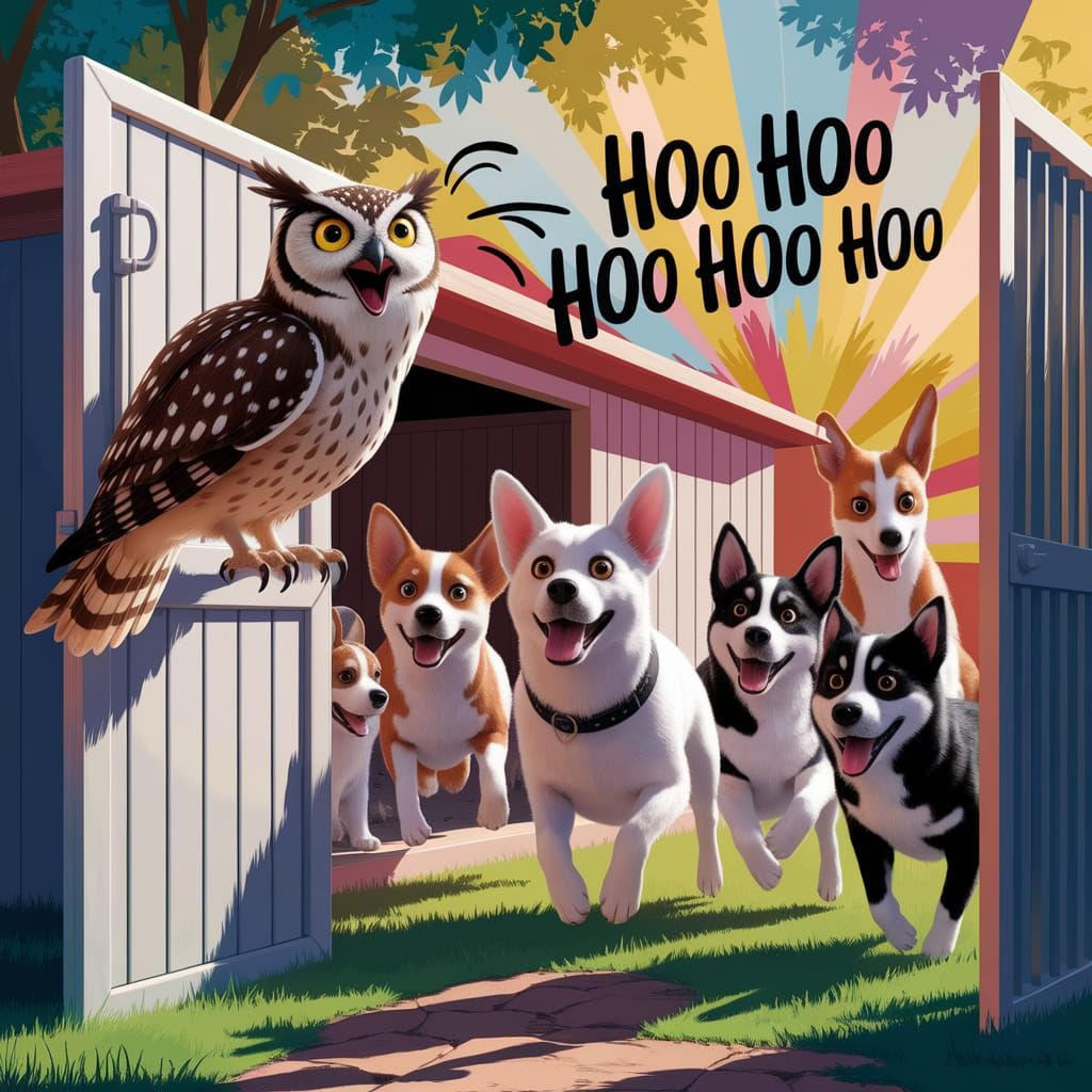 Owl Opens Kennel Door for Joyful Dogs: 3D Digital Art