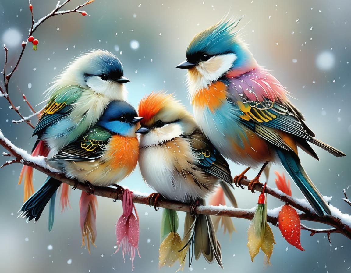 Birds in Winter Scarves, Surrealist Style