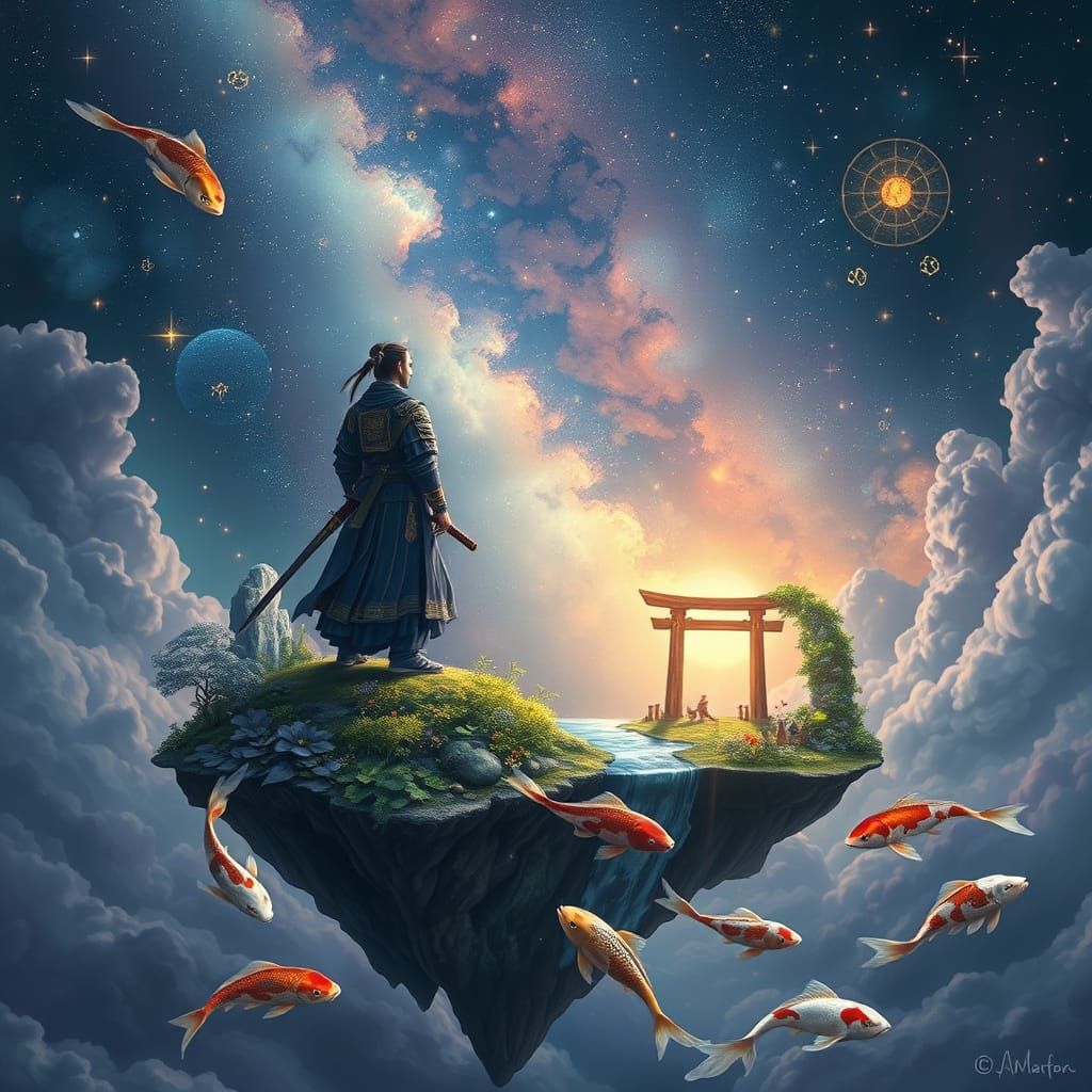 Celestial Samurai on Floating Island in Art Nouveau Style